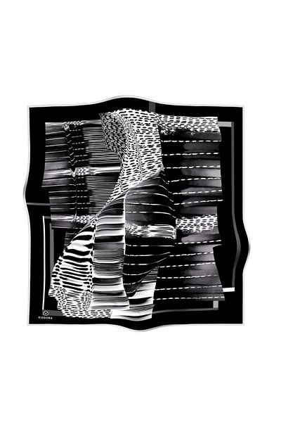 Vissona 100% Twill Silk Γεωμετρικό Μοτίβο Μαύρο - Λευκό Χρώμα 90x90 Φουλάρι Σχήμα Ραπτικής: Ράψιμο στο χέρι