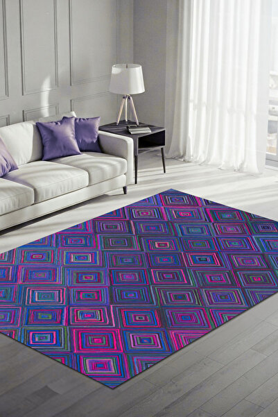 The Reef Design Geometrik Desenli Mor Halı Dijital Baskılı Kaymaz Tabanlı Yık...