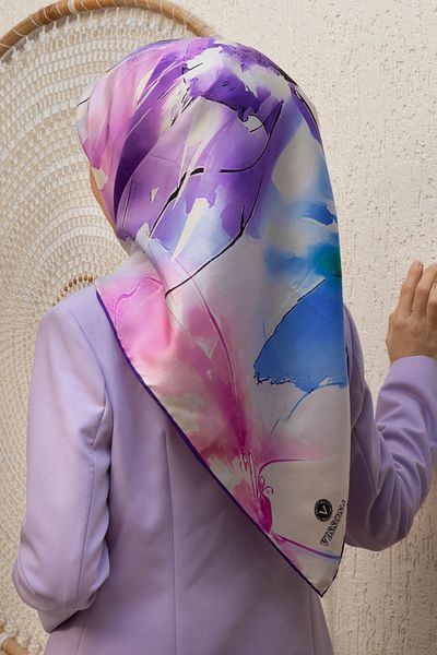 Vissona Twill Silk 90x90 Σχήμα κασκόλ, Μωβ Χρώμα Floral Print Ακουαρέλα