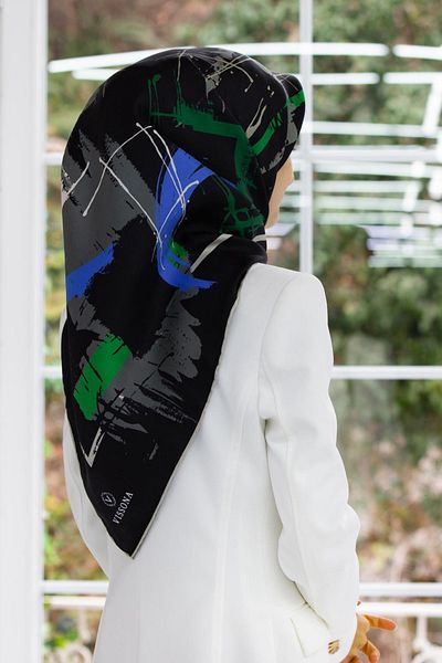 Vissona 100% Twill Silk Γεωμετρικά Σχέδια Σακούλες - Σμαραγδένιο Πράσινο Χρώμα 90x90 Φουλάρι Σχήμα Ραπτικής: Ράψιμο στο χέρι