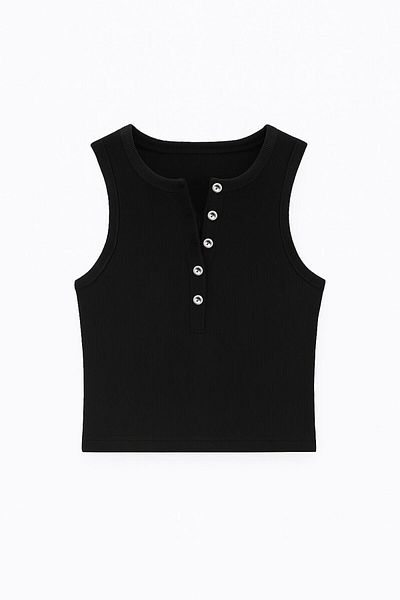 ablukaonline Women's Button Detailed Rib Fabric Crop Tank Top Black
