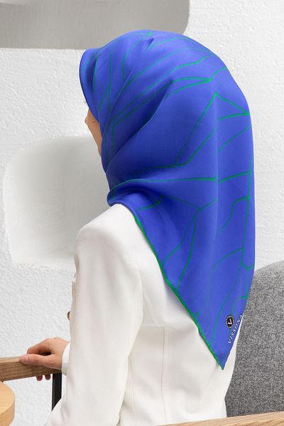 Vissona 100% Twill Silk Line Patterned Saks - Emerald Green Colored 90x90 Scarf Σχήμα Ραπτικής: Ράψιμο στο χέρι
