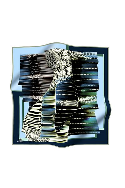 Vissona 100% mătase twill cu model geometric albastru petrol - culoare indigo 90x90 eșarfă formă de plantare: cusut manual