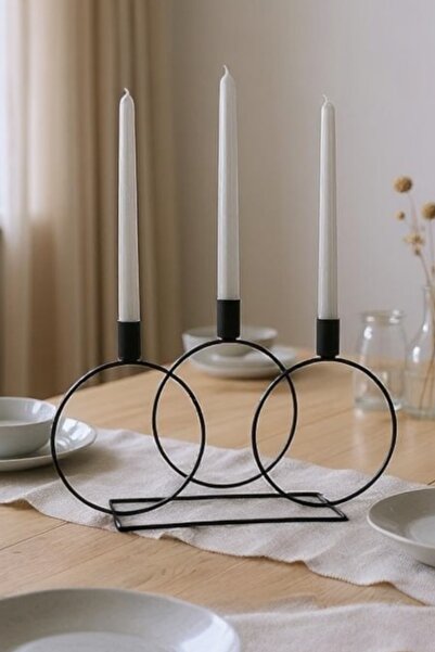 Ahlat Store Siyah Şamdan Mumluk Metal 3 Gözlü Yuvarlak Halka Mumluk Ev Dekorasyon, Şamdan Mumluk