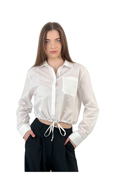 Miss Poem Γυναικείο κοντό πουκάμισο με κορδόνι με τσέπες Basic Crop Λευκό πουκάμισο