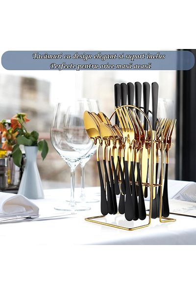 INNOVIO Set Tacamuri din Inox INNOVIO®, 24 Piese cu Suport, Design Premium, Negru-Auriu