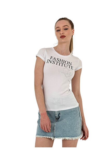 Miss Poem Γυναικείο κοντομάνικο μπλουζάκι Love Stoned με τύπωμα σε λευκό χρώμα