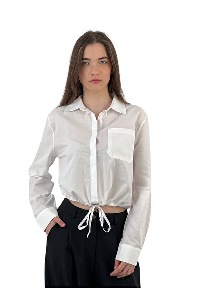 Miss Poem Γυναικείο κοντό πουκάμισο με κορδόνι με τσέπες Basic Crop Λευκό πουκάμισο