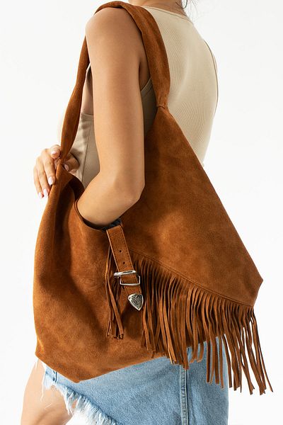 DSN Τσάντα ώμου Tan Suede Tasseled Western Buckle - Γνήσιο δέρμα