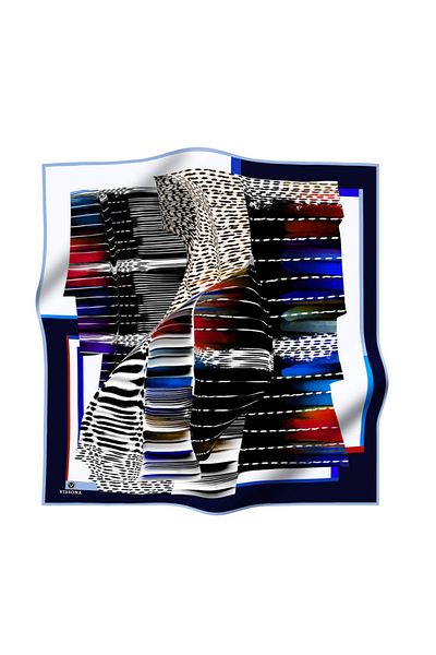 Vissona 100% Twill Silk Geometric Pattern Navy Blue - Red Colored 90x90 Σχήμα ραπτικής κασκόλ: Ράψιμο στο χέρι