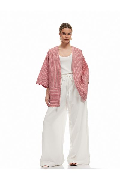 Koton Kimono cu dungi în amestec de in, cu mâneci largi, cu potrivire confortabilă