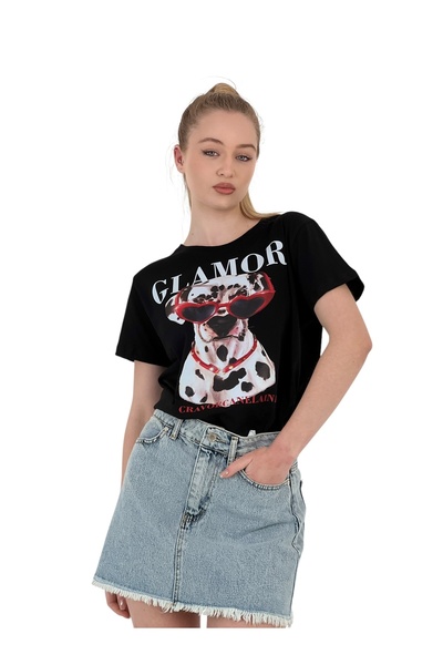 Miss Poem Γυναικείο καλοκαιρινό με τύπωμα κοντομάνικο φαρδύ μαύρο μπλουζάκι