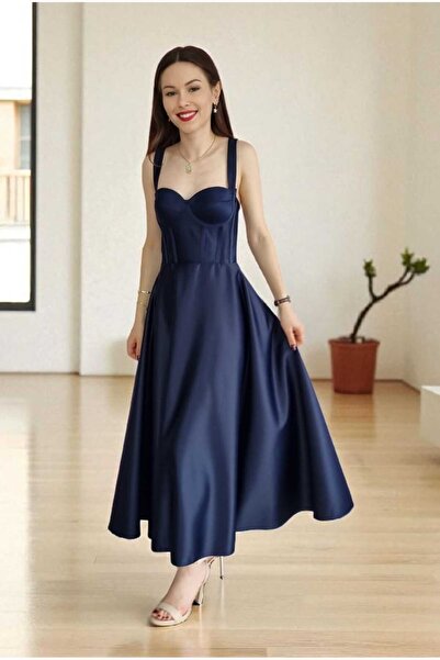 FİYPER Lacivert Midi Boy Saten Gece Ve Mezuniyet Elbisesi