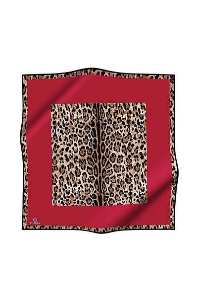 Vissona 100% Twill Silk Leopard μοτίβο Κόκκινο Χρώμα 90x90 Φουλάρι Σχήμα ραπτικής: Ράψιμο στο χέρι
