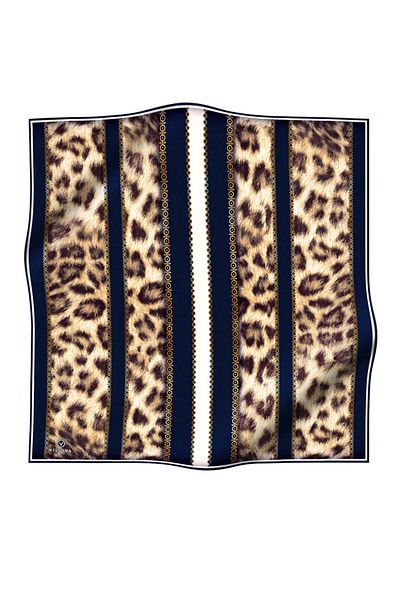 Vissona 100% Twill Silk Leopard Pattern Navy Blue - Κρεμ χρώμα 90x90 Σχήμα ραπτικής κασκόλ: Ράψιμο στο χέρι