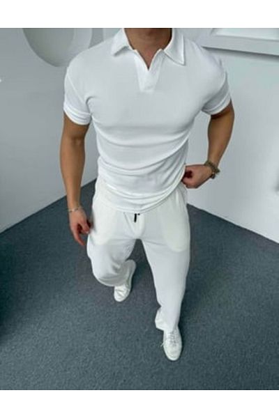 Fifty Color Λευκό, Oversize/Wide Cut, Ανθεκτικό στις υφές, Οθωμανικό μπλουζάκι με γιακά πόλο και σετ φούτερ