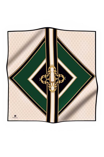 Vissona 100% Twill Silk Monogram και μπαρόκ μοτίβο σμαραγδένιο πράσινο - Κρεμ χρώμα 90x90 Σχήμα φορέματος κασκόλ : Hand D
