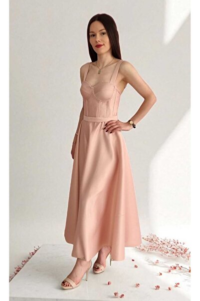 FİYPER Powder Midi Length Satin Evening and Graduation Dress