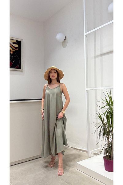 modadagiyim Βαθύ φόρεμα με λαιμόκοψη σε V λαιμόκοψη Casual μακρύ oversize άνετο φόρεμα με λουράκι από σχοινί