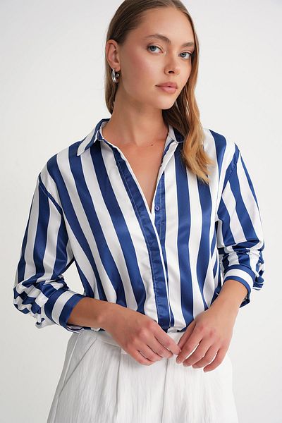 Mixray Women's Thick Striped Satin Shirt (Navy Blue)