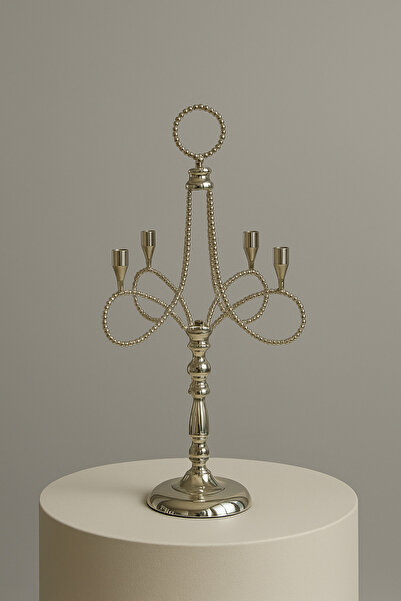 Modelce Gümüş Renk 4 Kollu Dikey Metal Şamdan – 51 cm Dekoratif Mumluk