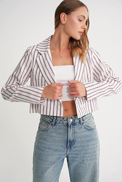 Mixray Γυναικείο λινό ριγέ Crop T-Shirt, μπορντό χρώμα