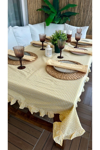 Decamor home Thin Keten Sarı Pötikare Fırfırlı Masa Örtüsü