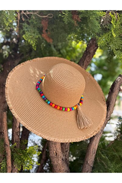 Axesoire 14574 Φαρδύ ψάθινο καπέλο καμήλας με κρόσσια και αξεσουάρ από πέτρες...