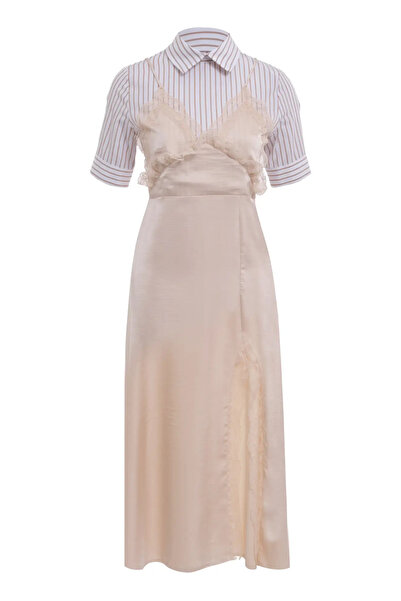 Keikei Bej saten kısa kol orta boy elbise