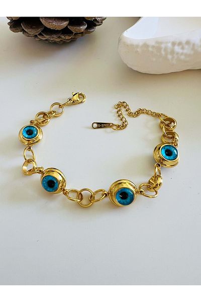 ACAR TAKI Four Row Large Evil Eye Beaded Steel Bracelet 15+6 Cm-Gold Acr5066
