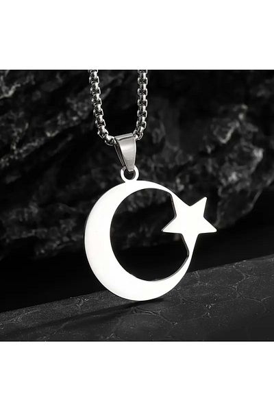 ACAR TAKI Men's Steel Moon and Star Necklace 60Cm-Silver Acr5406