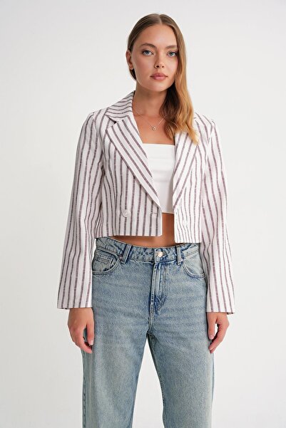 Mixray Γυναικείο λινό ριγέ Crop T-Shirt, μπορντό χρώμα