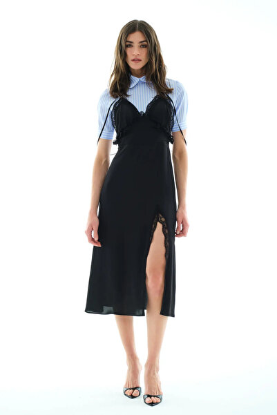 Keikei Siyah saten kısa kol orta boy elbise