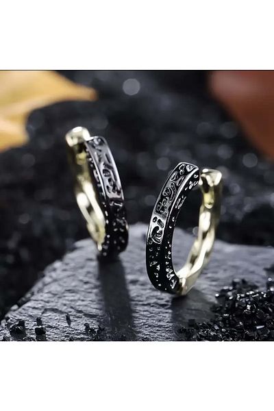 ACAR TAKI Men's Gold+Black Color, Patterned Steel Hhoop Earring Acr5502