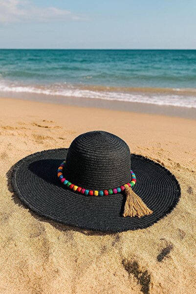 Axesoire 14574 Μαύρο φαρδύ ψάθινο καπέλο με κρόσσια και αξεσουάρ από πέτρες