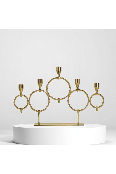 Modelce Gold Renk Beş Kollu Metal Şamdan – Modern ve Minimalist Dekoratif Mumluk