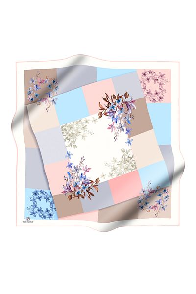 Vissona Baby Blue Colored 100% Twill Silk - Καρό και τραγανό λουλουδάτο μοτίβο 90x90 Κασκόλ: E