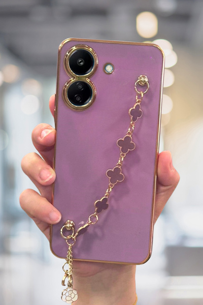 Fibaks Xiaomi Redmi 13C Compatible Case Glossy Edge Gold Embroidered Handle Camera Protection Cover