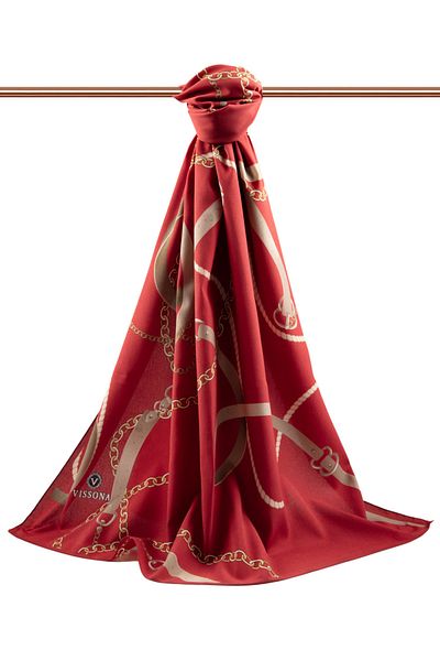 Vissona Luxury Medina Silk - Μοτίβο ζώνης αλυσίδας, χρώμα μπορντό, 75x195 χωρίς ζάρες Σάλι Moss Crepe Τύπος ραφής Ιταλία