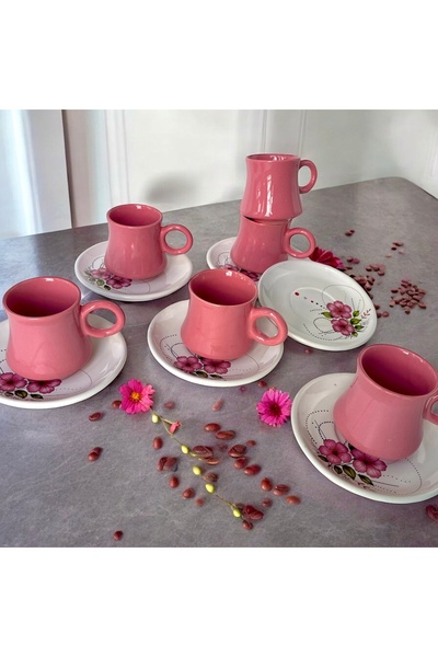 Pazarika Lavinya 12 Piece Lux Ceramic Coffee Cup Set for 6 Persons Coffee Cup Handmade Pink