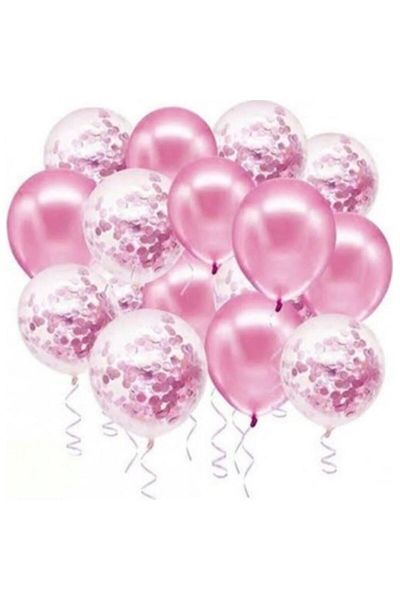 Deniz Party Store Transparent Balloon with Pink Confetti Metallic Pink Balloon Set 20 Pieces