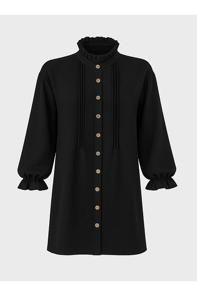 ALİA Large Size Aerobin Tunic with Ruffle Detail on the Collar - Black - Alia