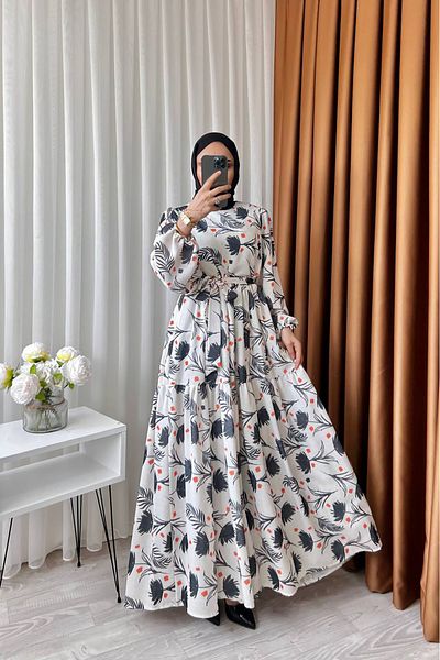Neşeli Butik Γυναικείο Λινό Μοτίβο Φόρεμα Hijab Sms002 - Μαύρο