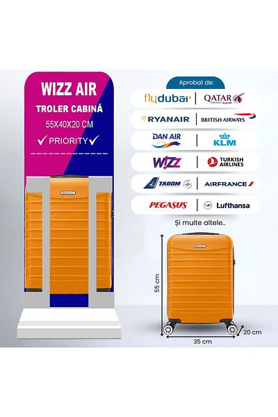 Quasar & Co. Troler Cabina ®,line,55x36x20cm,fermoar Antifurt,cifru,4 Roti 360°,abs,portocaliu