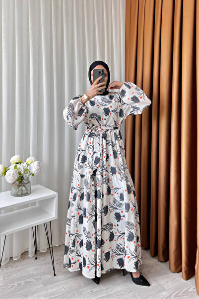 Neşeli Butik Γυναικείο Λινό Μοτίβο Φόρεμα Hijab Sms002 - Μαύρο