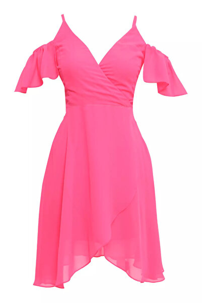 Keikei Pembe sifon kısa kol kısa elbise