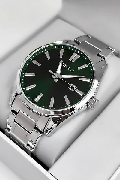 Ferrucci Men's Wristwatch with Calendar Steel Band 3 Atm Water Resistant Bracelet Silver-Green Sd with Gift