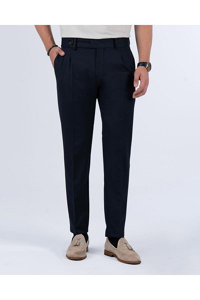 TerziAdemAltun Italian Cut Belted Pleated Navy Blue Fabric Trousers T10801