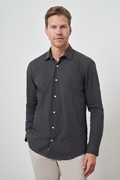 Morven Ανδρικό πουκάμισο με σκληρό γιακά με μαύρο βαμβακερό τάση