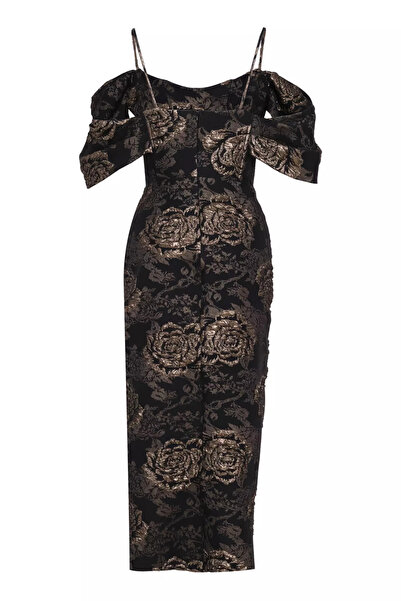 Keikei Altın jakar kolsuz uzun elbise